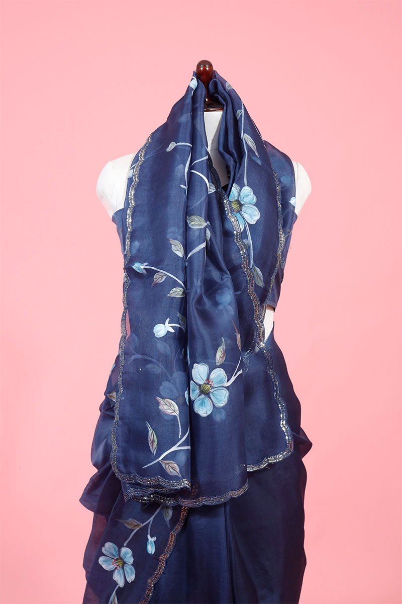 Navy Blue Floral Handpainted Organza Silk Saree