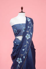 Navy Blue Floral Handpainted Organza Silk Saree