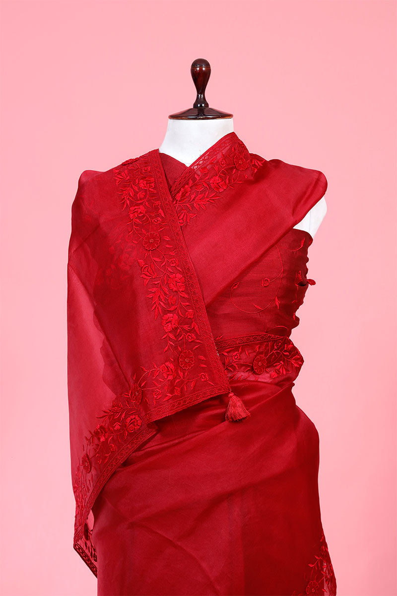 Vermillion Red Embroidered Organza Silk Saree