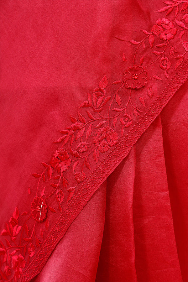Vermillion Red Embroidered Organza Silk Saree