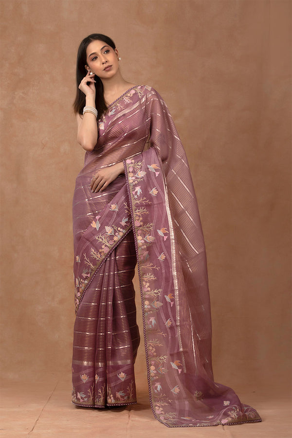 purple saree, organza saree, Bollywood saree, Banarasi saree, party wear saree