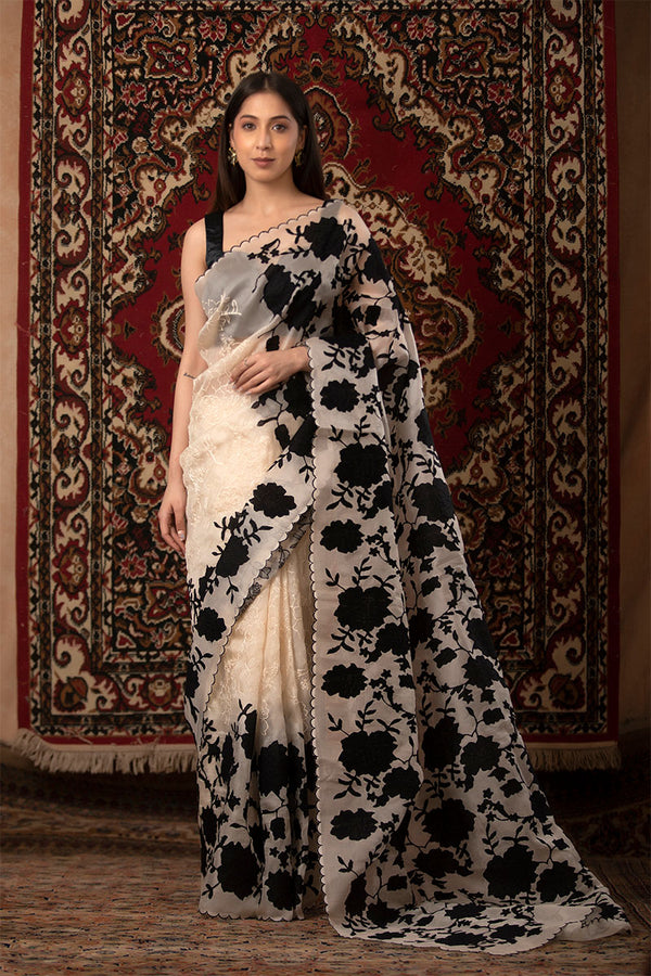 Black & White Applique Organza Silk Saree