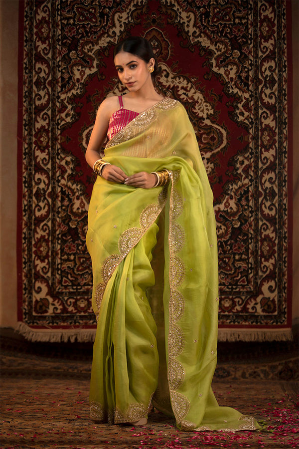 parrot green saree, organza saree, Bollywood saree, Banarasi saree, party wear saree