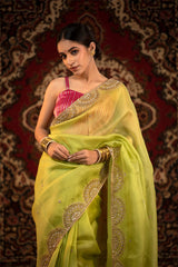 Parrot Green Embellished Organza Silk Saree