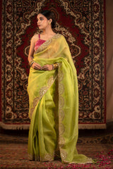 Parrot Green Embellished Organza Silk Saree