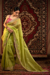 Parrot Green Embellished Organza Silk Saree