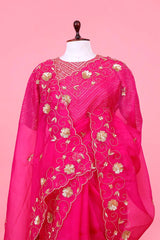 Rani Pink Handloom Organza Saree with Sequins Floral Motifs