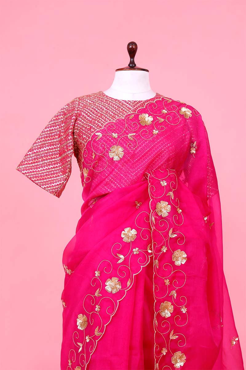 Rani Pink Handloom Organza Saree with Sequins Floral Motifs