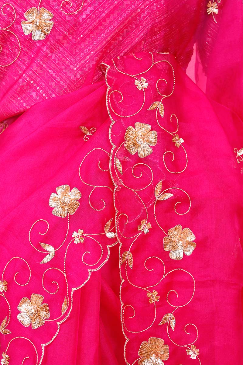 Rani Pink Handloom Organza Saree with Sequins Floral Motifs