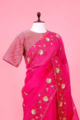 Rani Pink Handloom Organza Saree with Sequins Floral Motifs