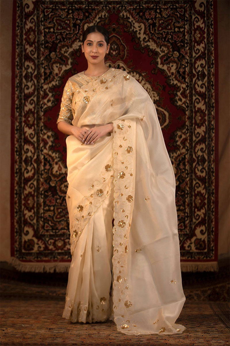 Off White Embellished Organza Silk Saree With Stitched Blouse