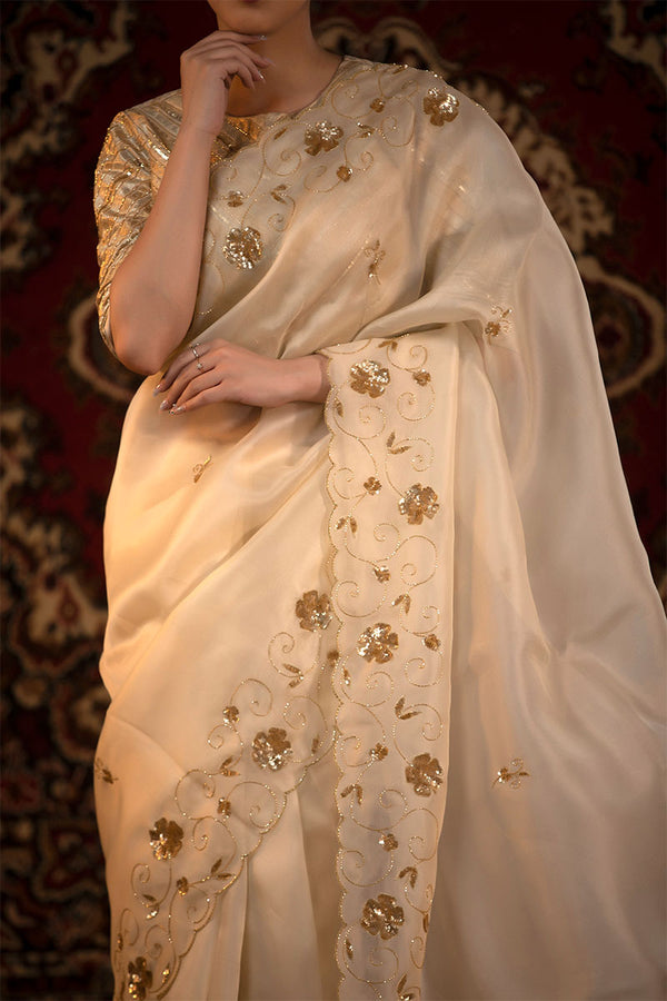 Off White Embellished Organza Silk Saree With Stitched Blouse