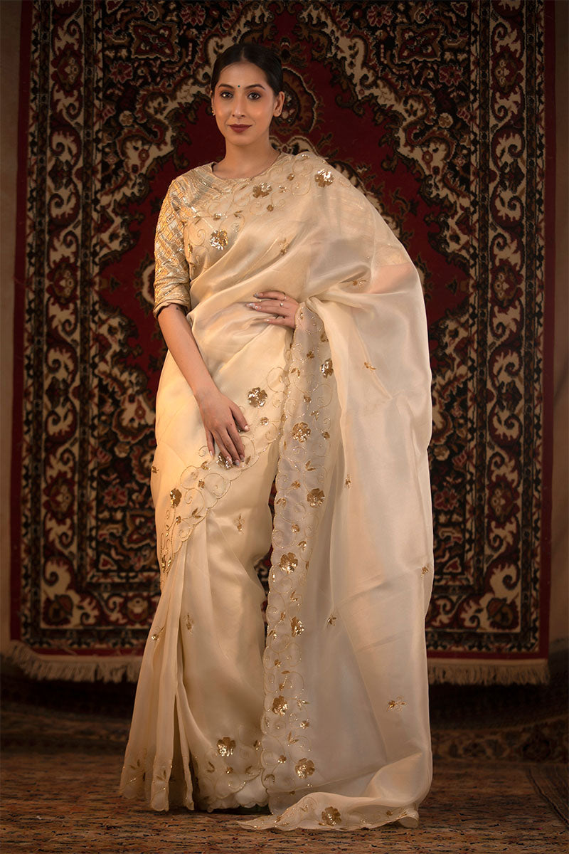 Off White Embellished Organza Silk Saree With Stitched Blouse