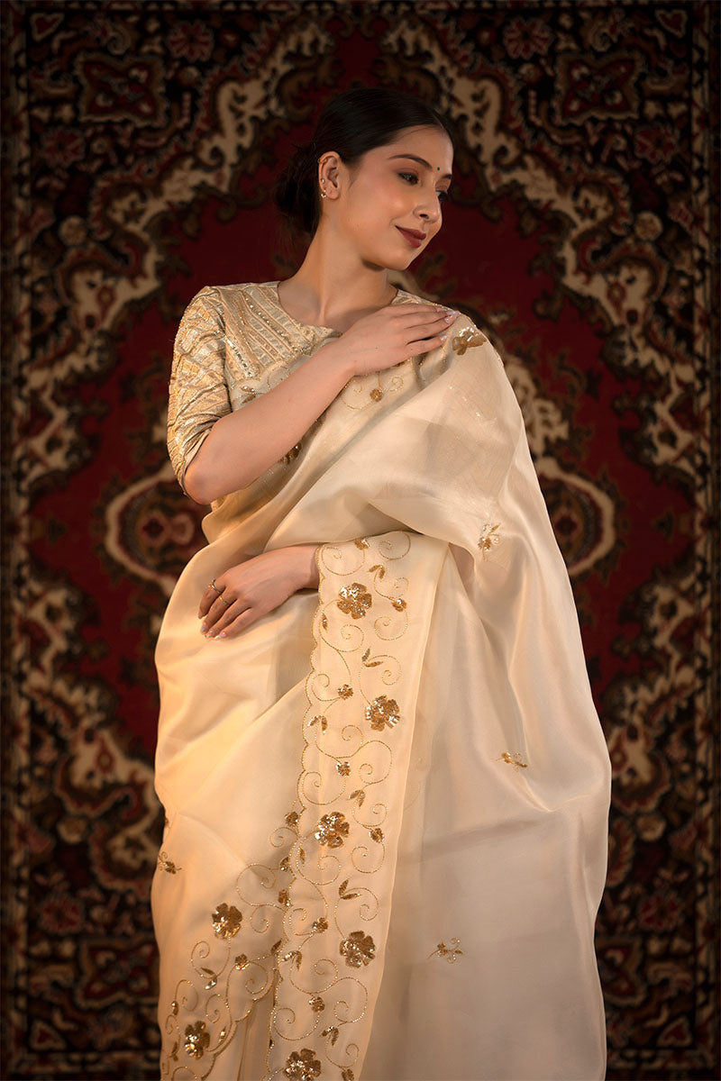 Off White Embellished Organza Silk Saree With Stitched Blouse