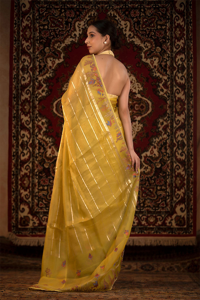 Lime Yellow Marine Embroidered Organza Silk Saree