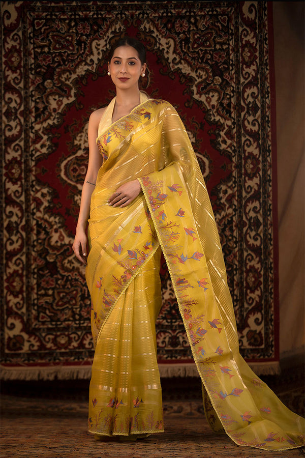 yellow saree, organza saree, Bollywood saree, Banarasi saree, party wear saree