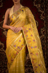 Lime Yellow Marine Embroidered Organza Silk Saree