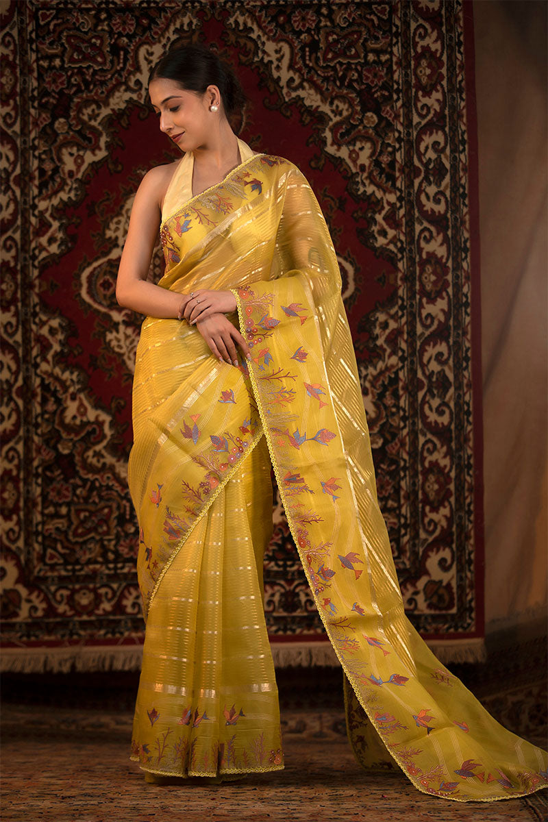 Lime Yellow Marine Embroidered Organza Silk Saree