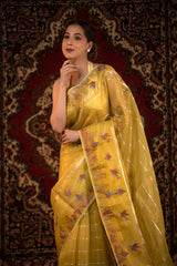 Lime Yellow Marine Embroidered Organza Silk Saree