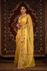 Lime Yellow Marine Embroidered Organza Silk Saree