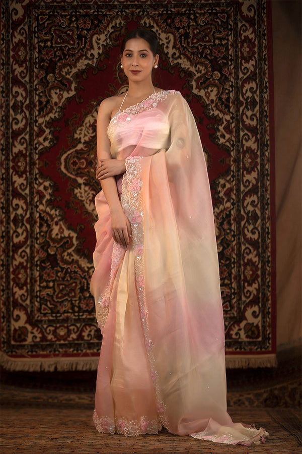 pink saree, organza saree, Bollywood saree, Banarasi saree, party wear saree