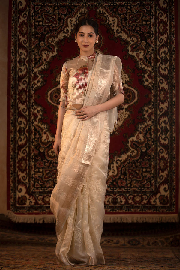 off white saree, organza saree, Bollywood saree, Banarasi saree, party wear saree