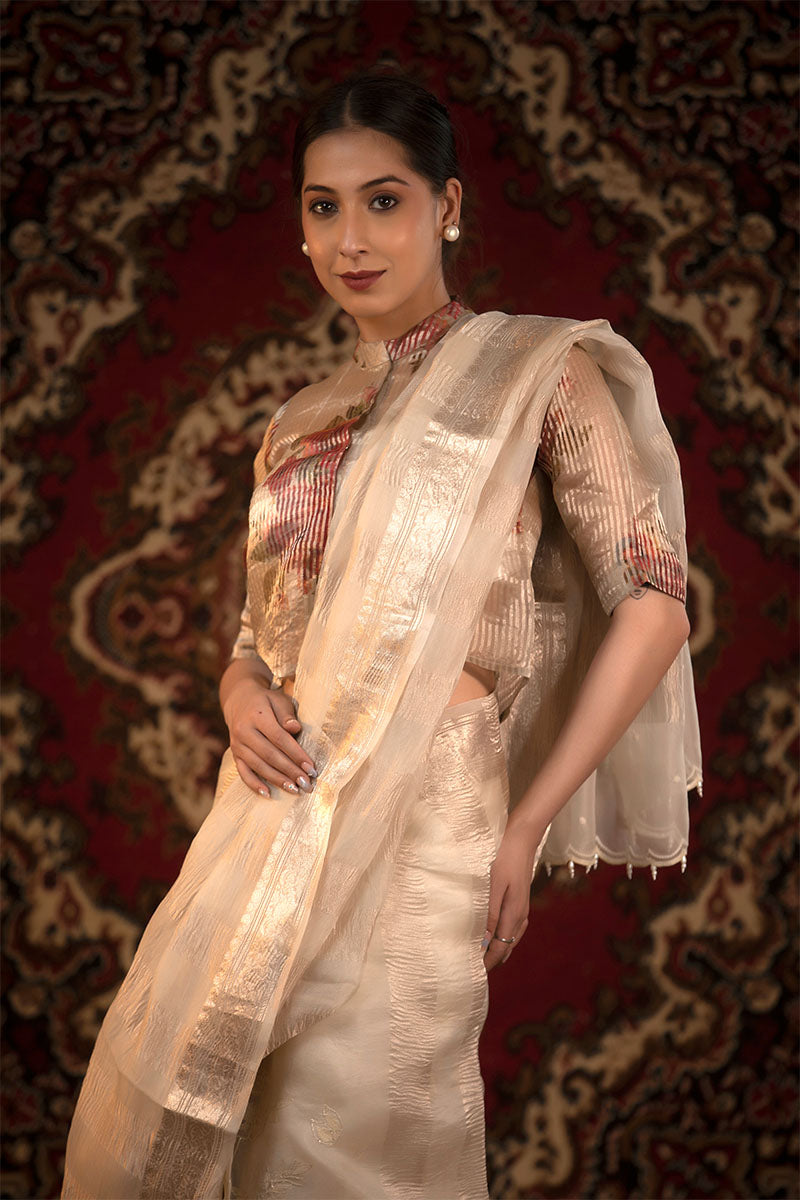 Off White Floral Embroidered Organza Silk Saree