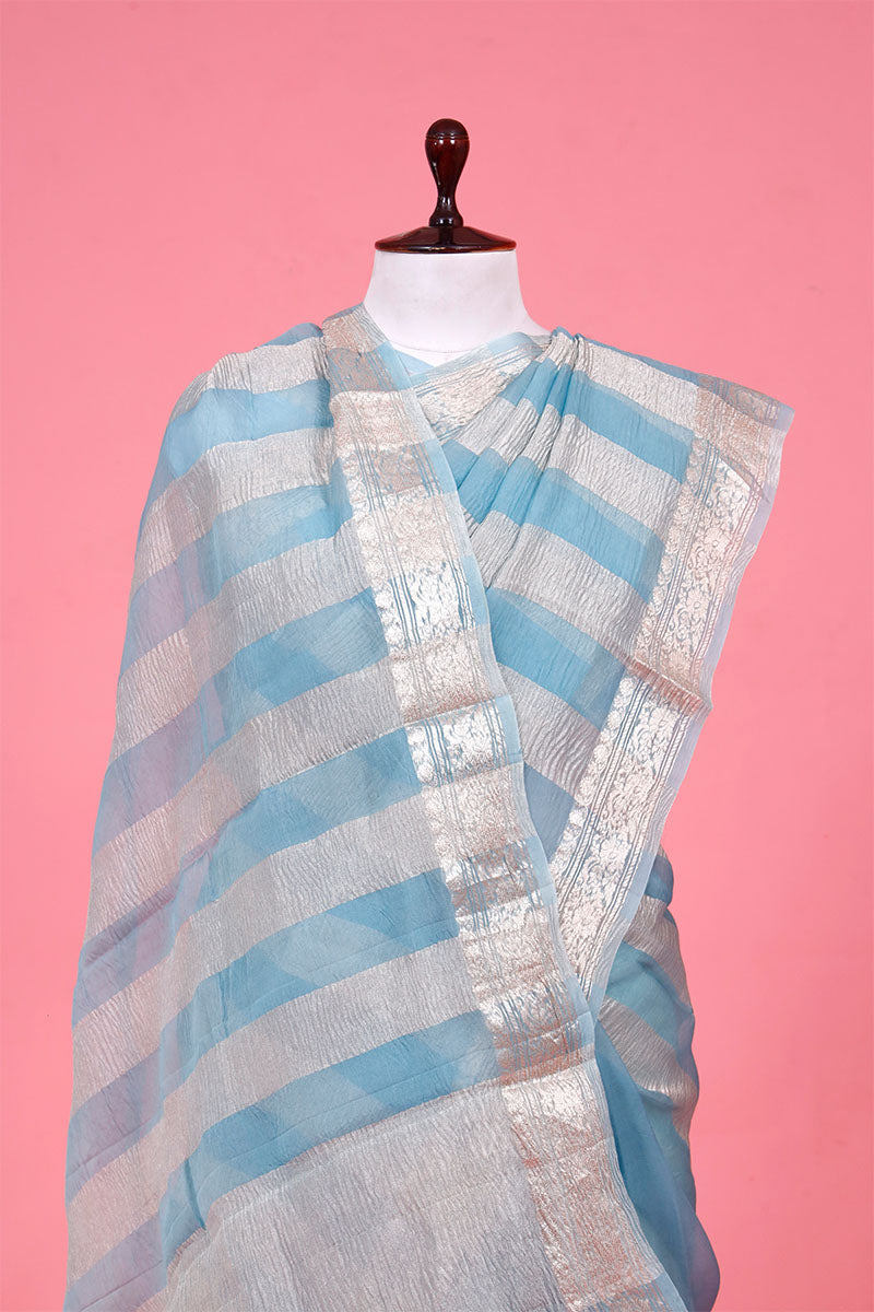 Striped Crushed Organza Silk Saree