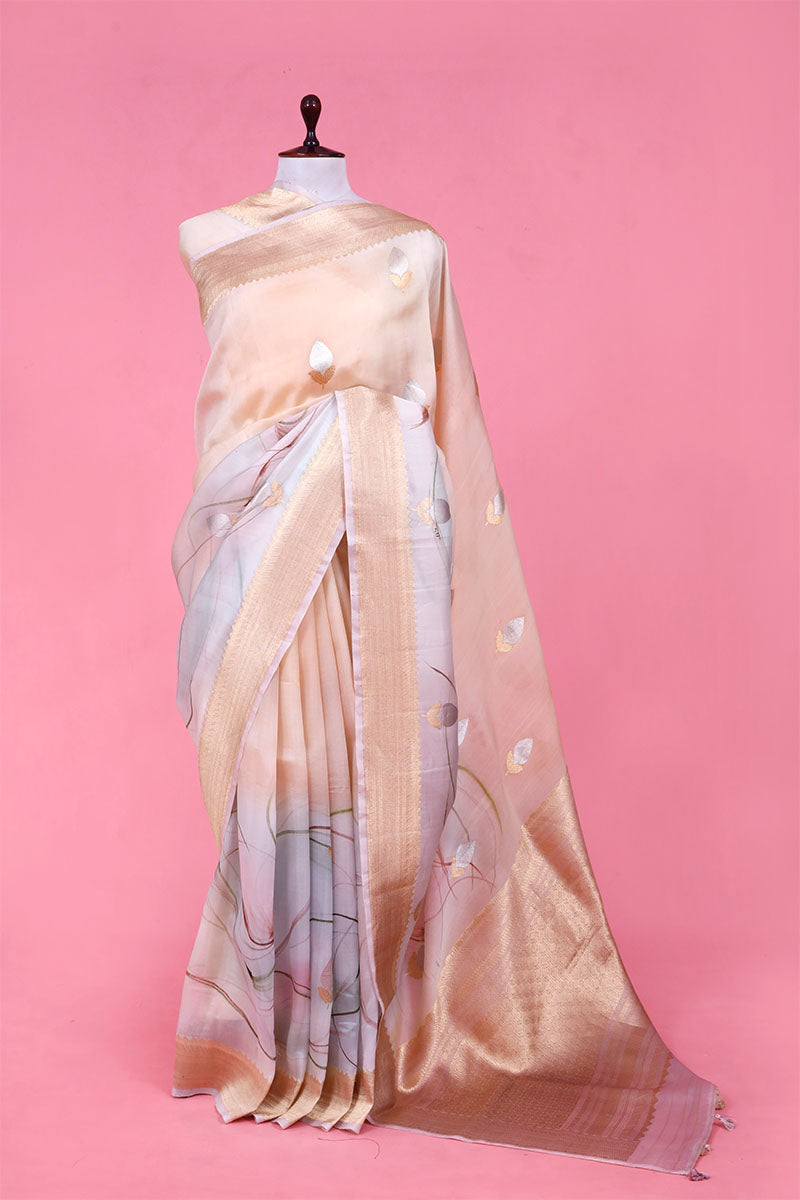 Organza Silk Saree, Banarasi organza saree, silk saree, almond beige saree, saree for diwali, saree for navratri