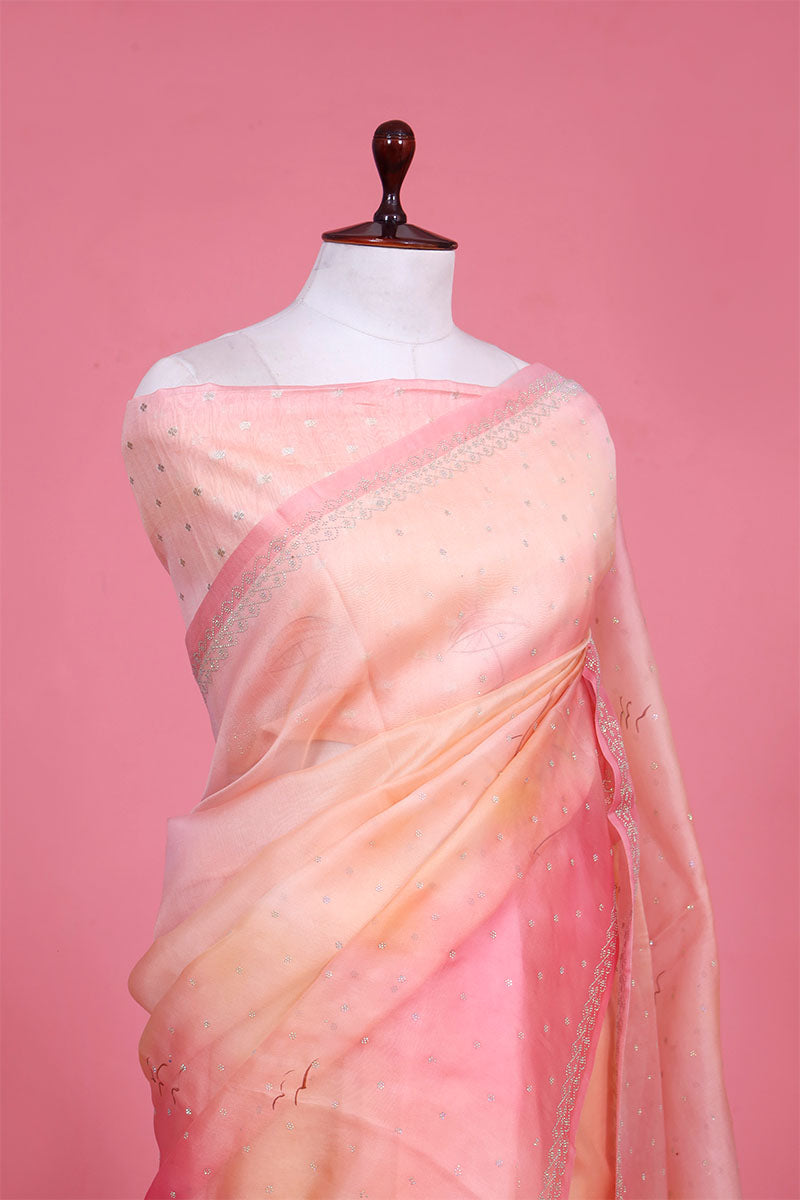 Pink Handpainted Organza Saree with Siroksi Work