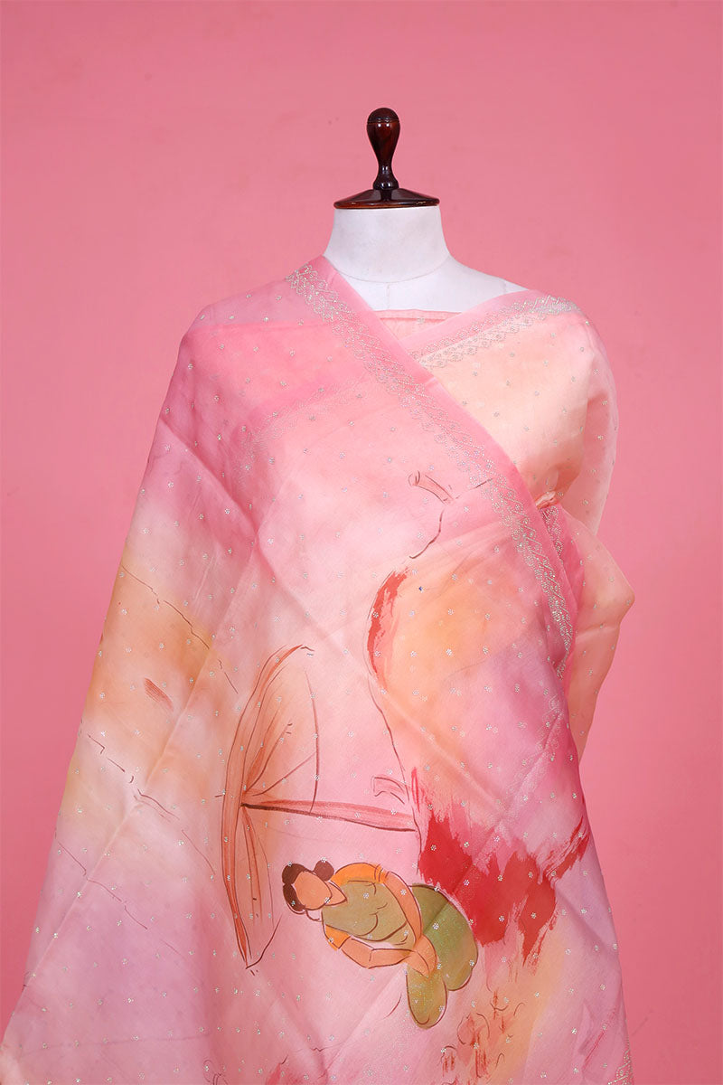 Pink Handpainted Organza Saree with Siroksi Work