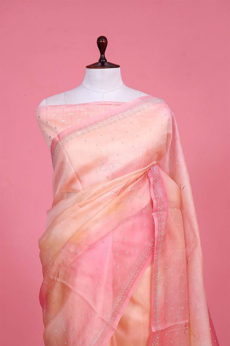 Pink Handpainted Organza Saree with Siroksi Work