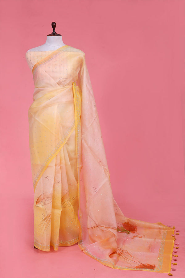 saree,yellow Saree, organza saree, saree for navratri, saree for Durga puja, saree for Diwali, silk saree for wedding, silk saree, saree fashion, traditional saree, bollywood saree, indian saree