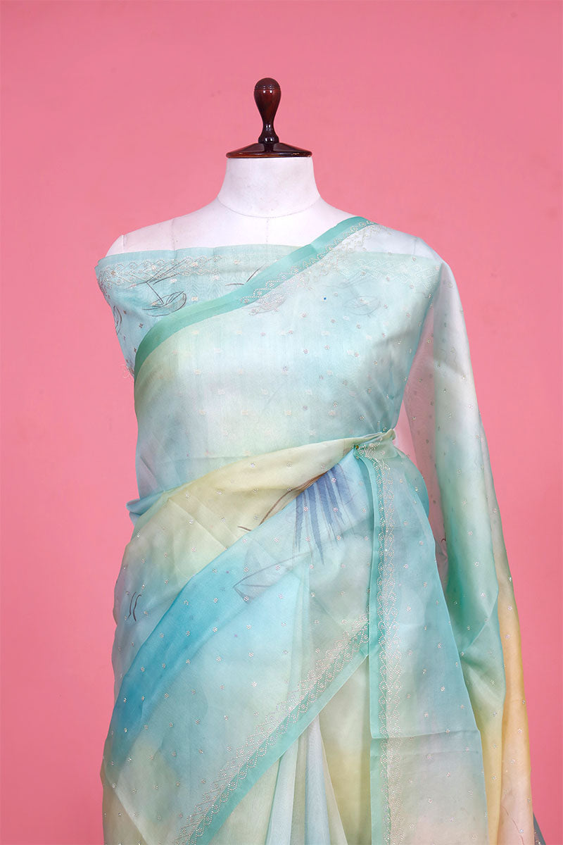 Powder Blue Handpainted Organza Saree with Siroksi Work