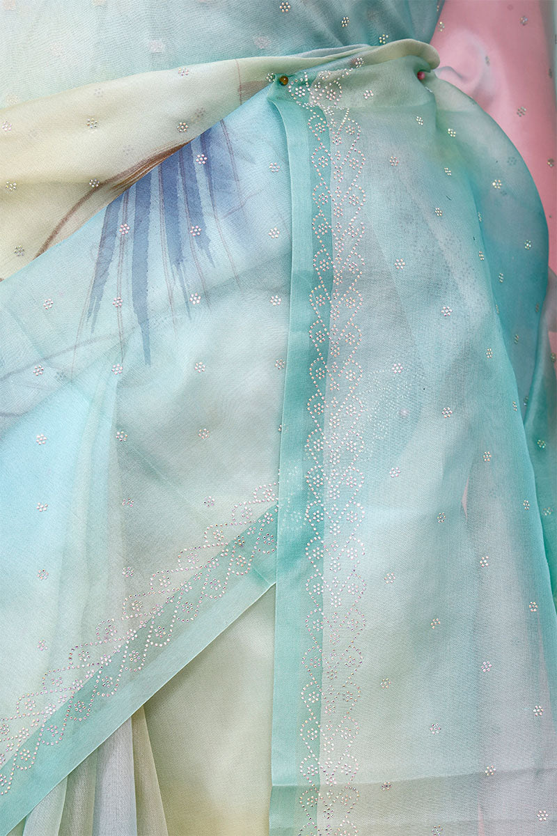 Powder Blue Handpainted Organza Saree with Siroksi Work