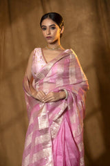 Baby Pink Pure Organza Silk Saree with Crushed Pallu (Pre-Pleated)