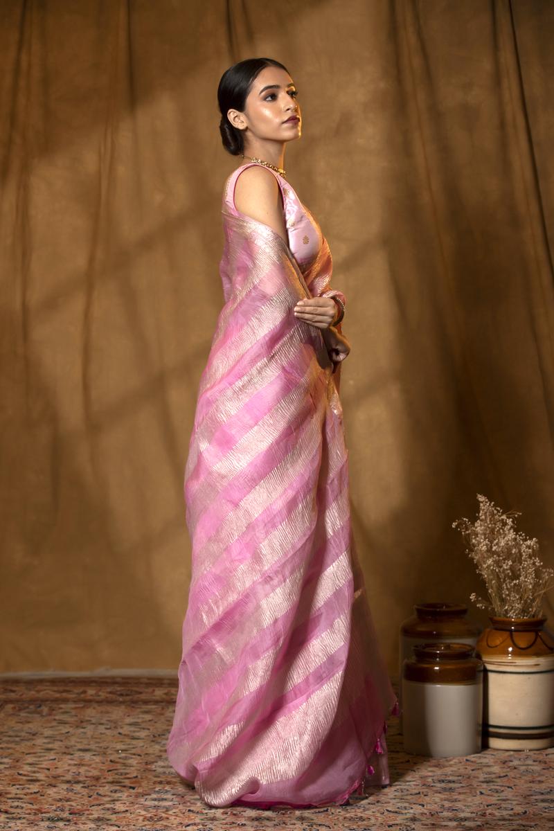 Baby Pink Pure Organza Silk Saree with Crushed Pallu (Pre-Pleated)