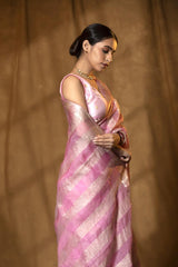 Baby Pink Pure Organza Silk Saree with Crushed Pallu (Pre-Pleated)