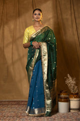 Peacock Blue Shaded Pure Banarasi Organza Saree