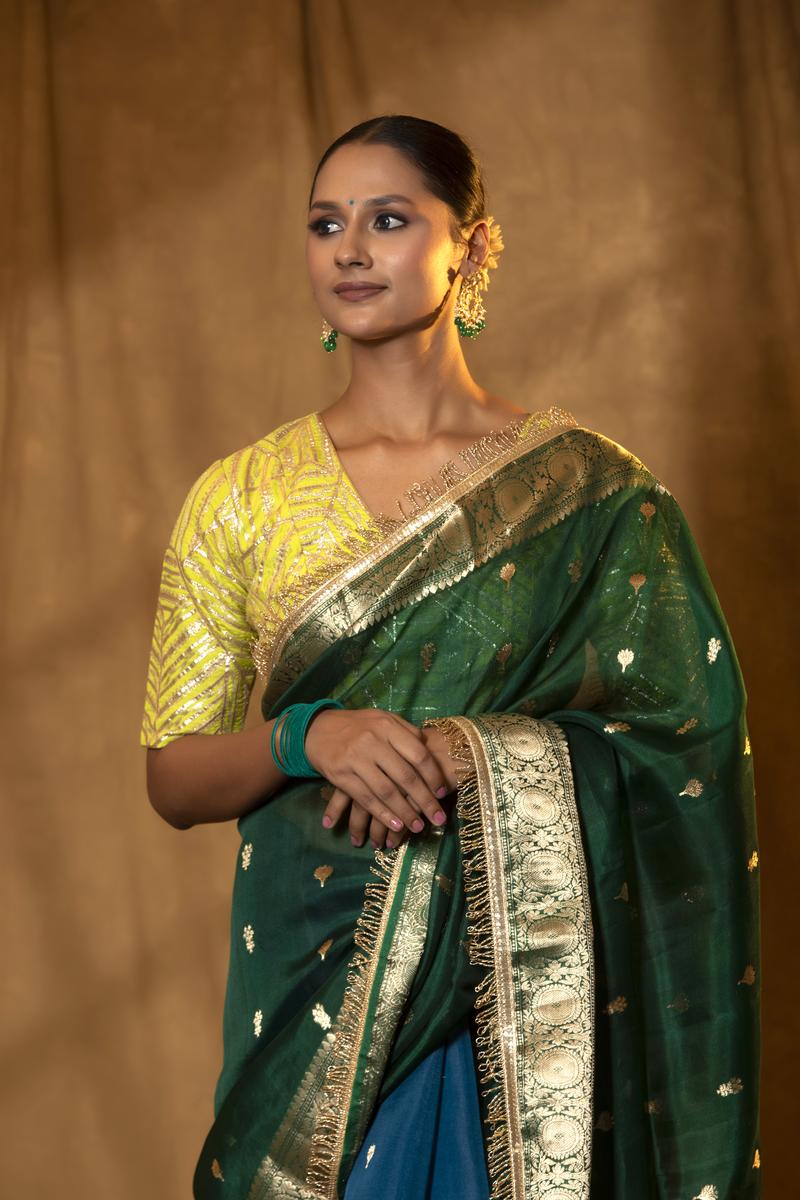 Peacock Blue Shaded Pure Banarasi Organza Saree