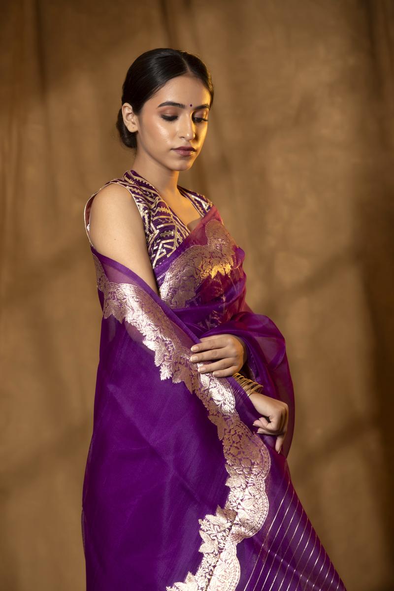 Purple Handloom Organza Saree with Gold Zari Border