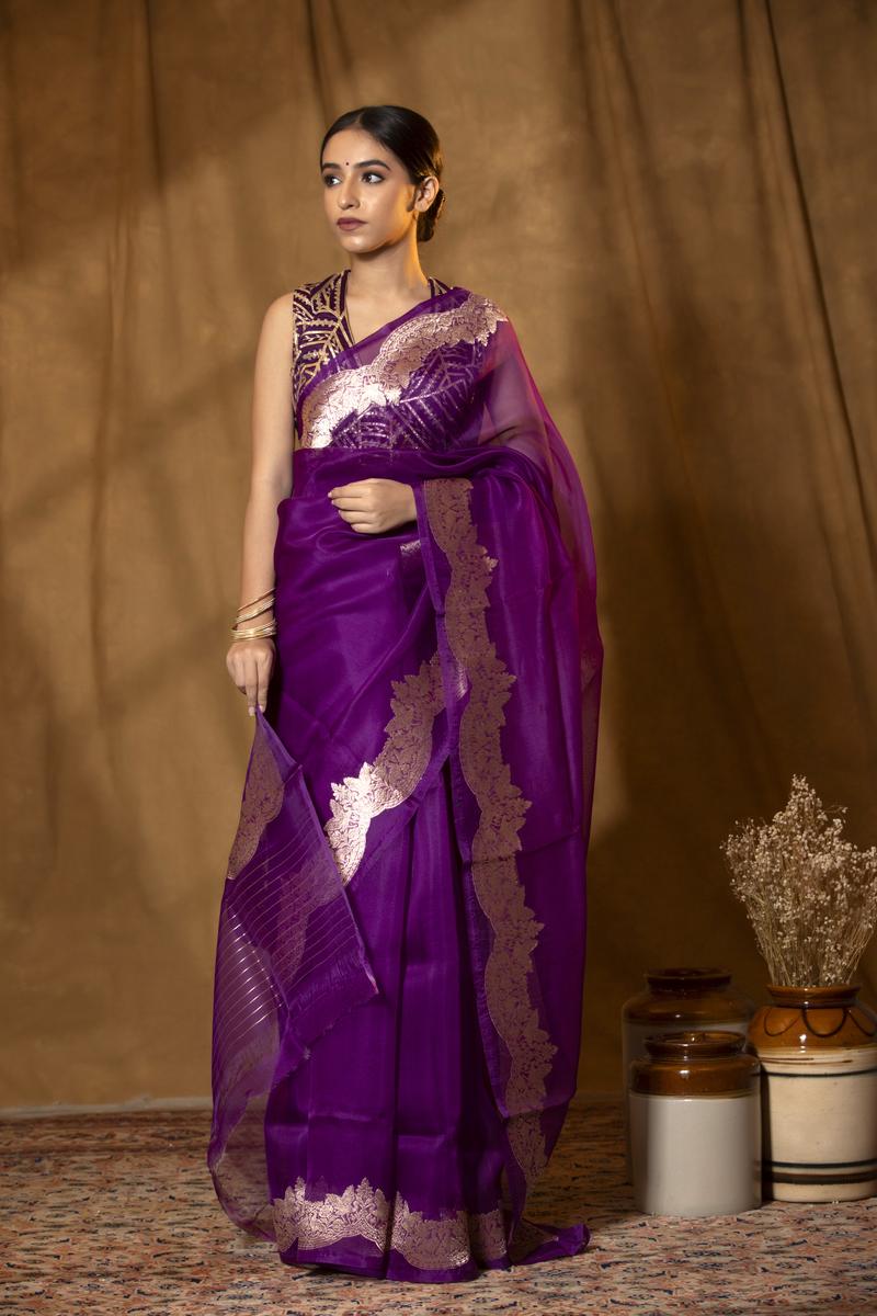 Purple saree, organza saree, wedding saree, silk saree, handloom saree, party wear saree, indian saree