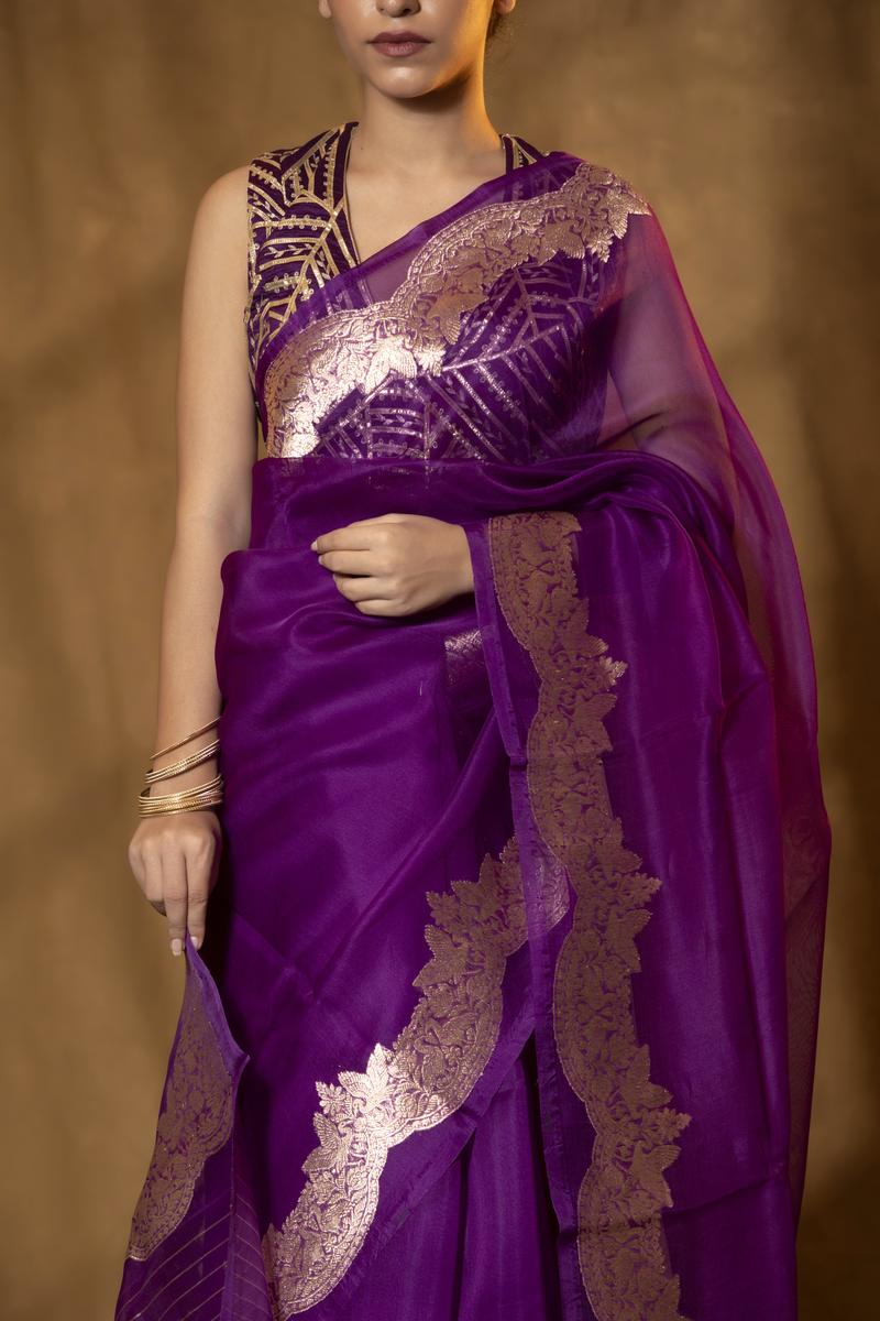 Purple Handloom Organza Saree with Gold Zari Border