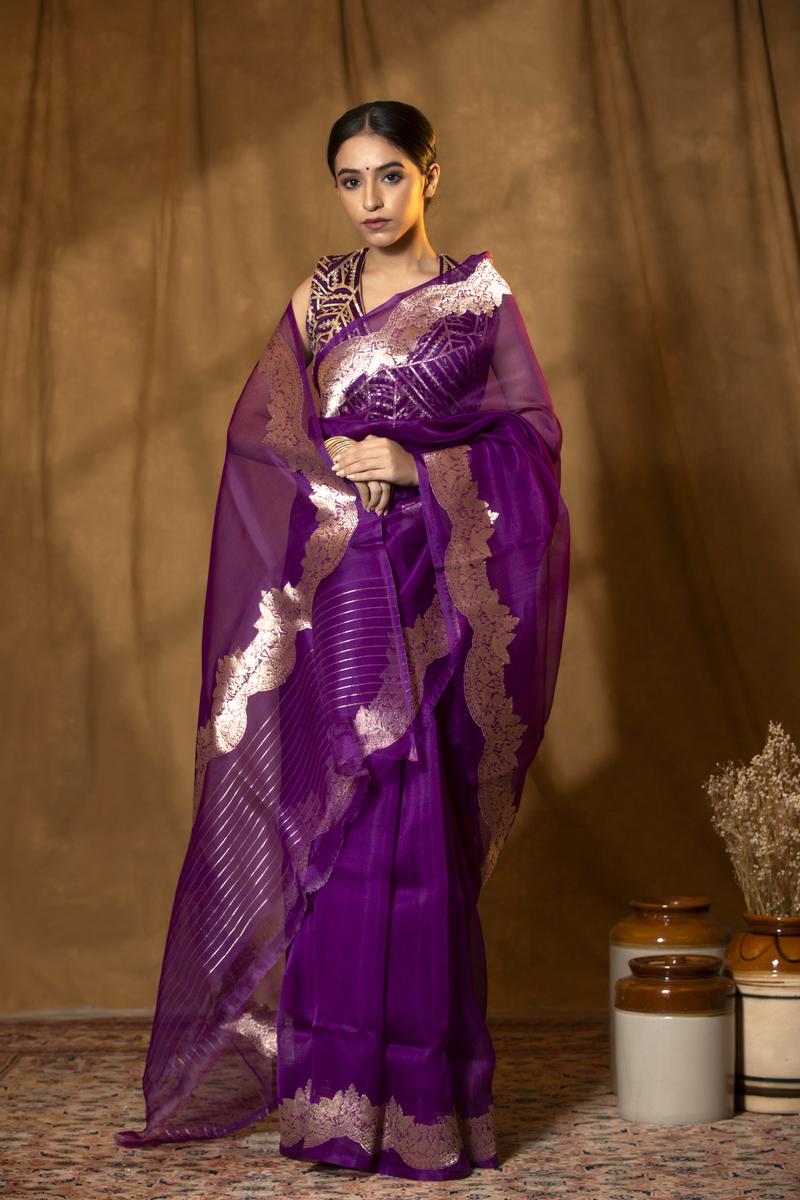 Purple Handloom Organza Saree with Gold Zari Border