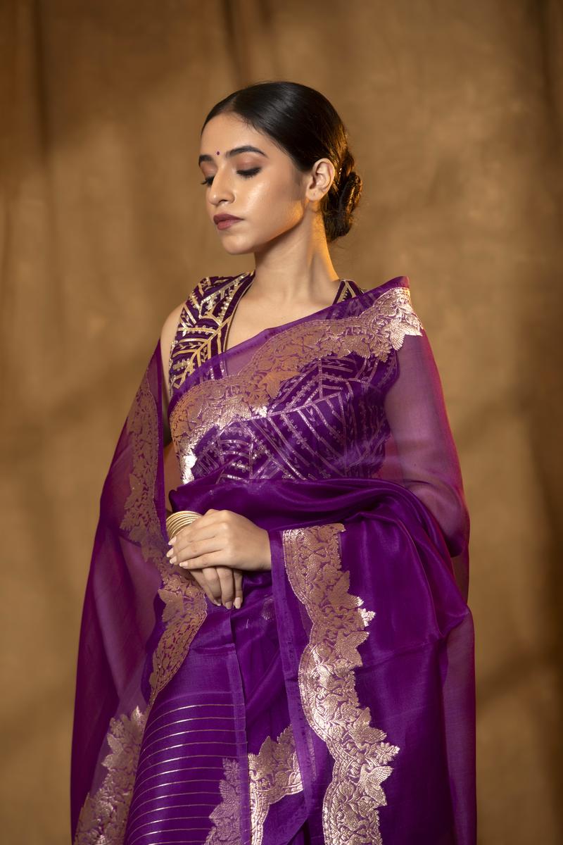 Purple Handloom Organza Saree with Gold Zari Border