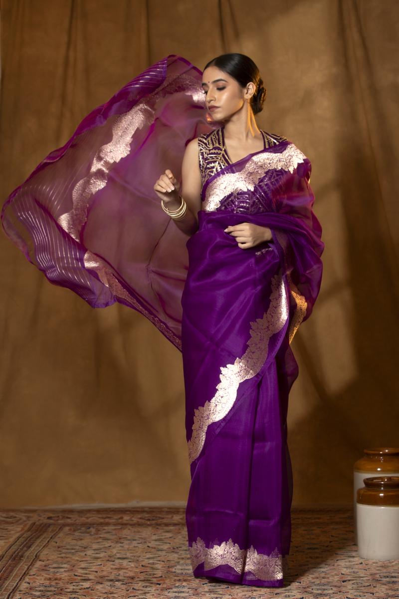 Purple Handloom Organza Saree with Gold Zari Border