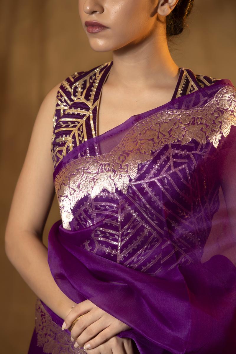 Purple Handloom Organza Saree with Gold Zari Border