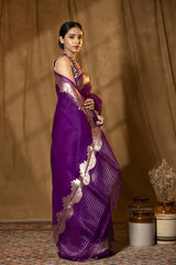 Purple Handloom Organza Saree with Gold Zari Border