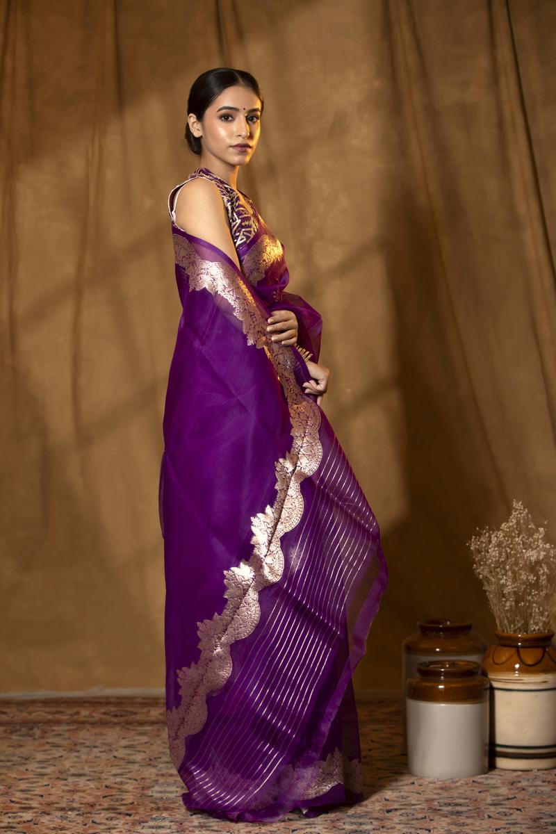 Purple Handloom Organza Saree with Gold Zari Border