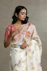 Off-White Organza Silk Saree with Floral Prints